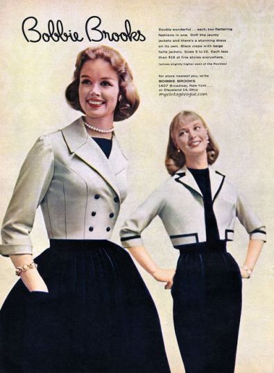 Anuncio de uma loja chamada Bobbie Brooks que vendia roupas de alta costura. O anuncio é de 1957.